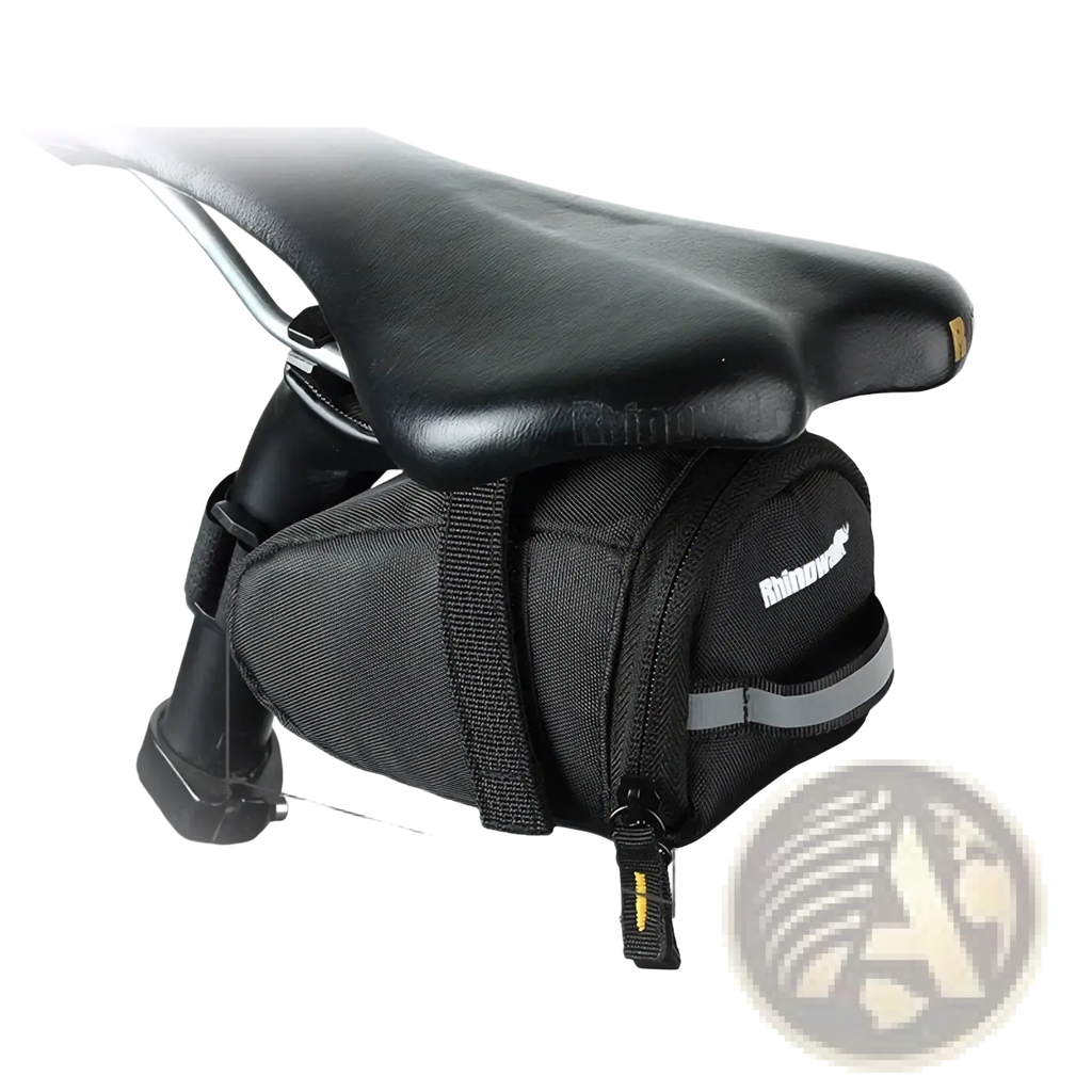 Black rhinowalk waterproof bike saddle bag with reflective strip and zipper closure shown from the back side