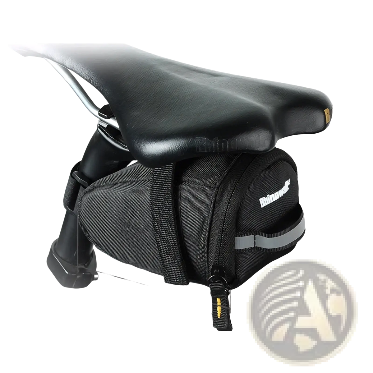 Black rhinowalk waterproof bike saddle bag with reflective strip and zipper closure shown from the back side