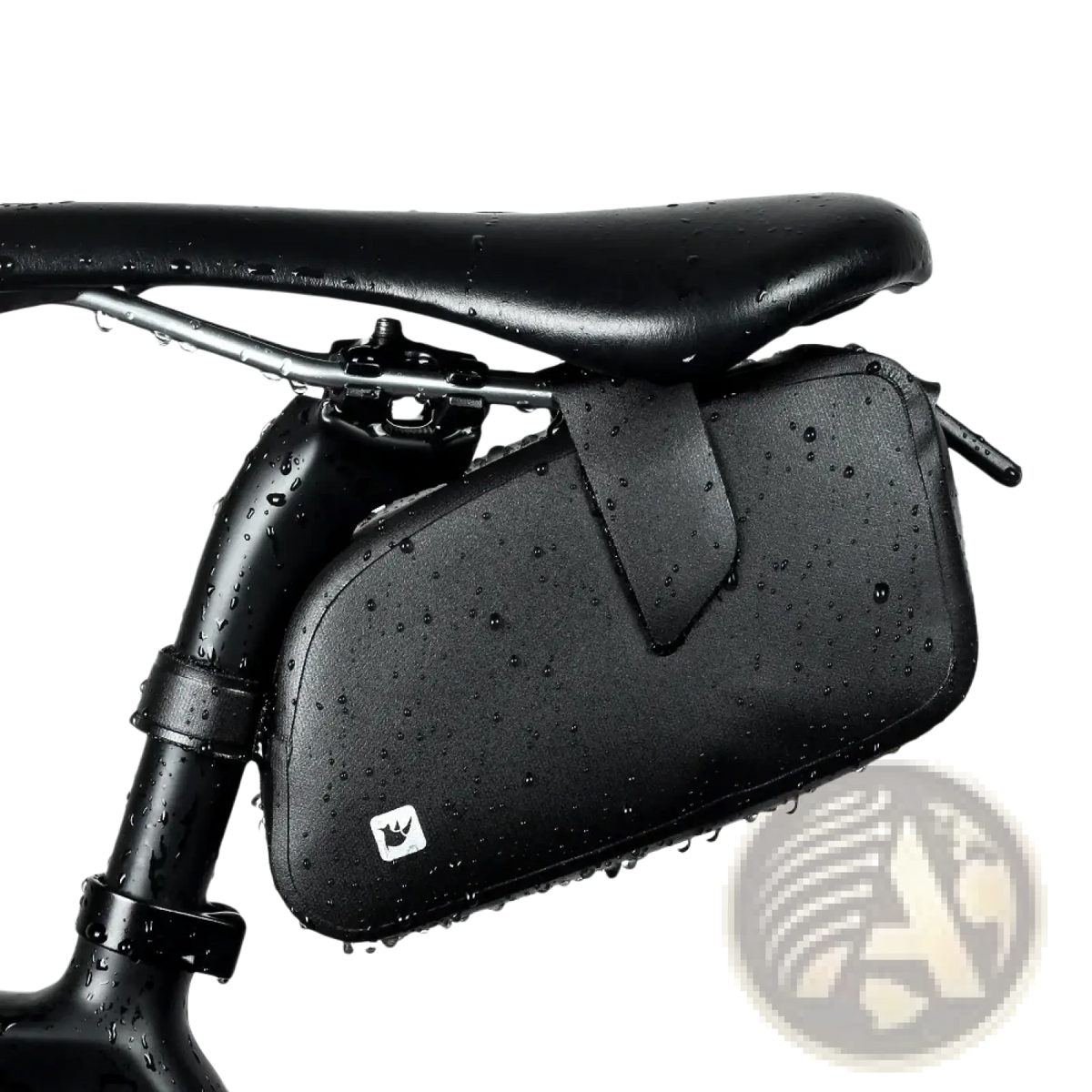 Black rhinowalk waterproof bike saddle bag with sleek durable design and small white logo on the corner