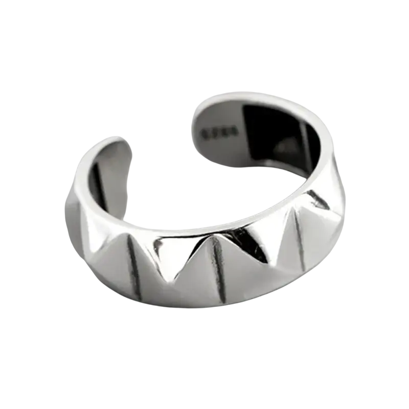 A sleek silver-toned rhombus ring made of zinc alloy with adjustable geometric triangular facets design