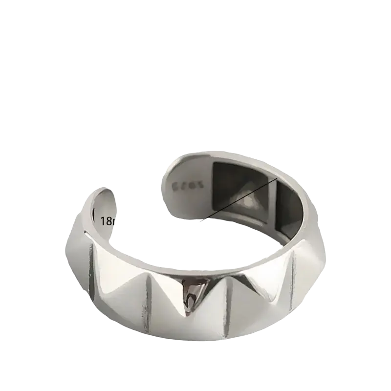 Silver-toned open-ended bangle with faceted geometric design and sharp edges made of zinc alloy rhombus rings jewelry