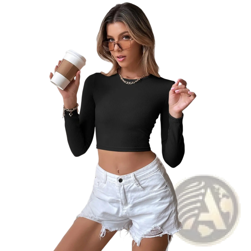 Black ribbed long sleeve crop top with slim fit and backless design made of ribbed fabric for stylish wear