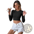Black ribbed long sleeve crop top with slim fit and backless design made of ribbed fabric for stylish wear