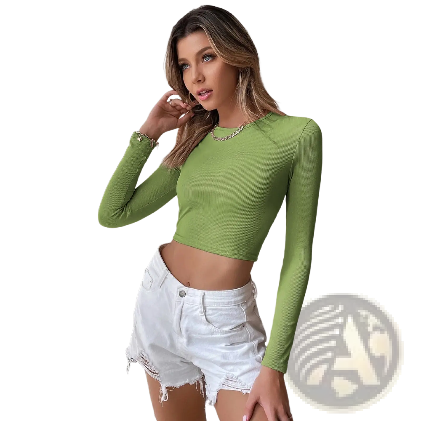 A vibrant lime green ribbed backless slim fit long sleeve crop top with a high neckline and soft fabric