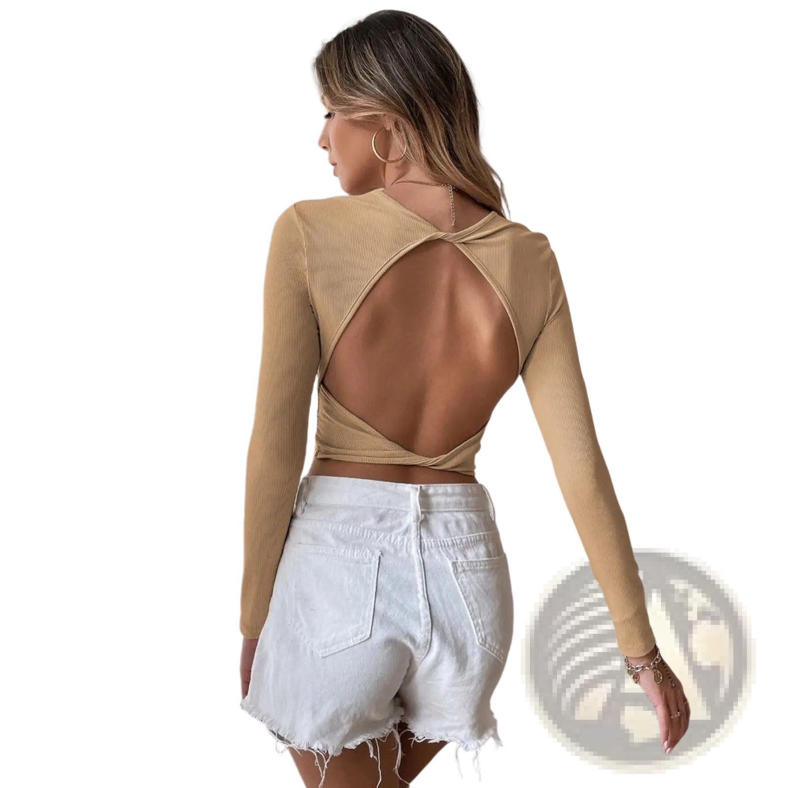 Beige ribbed long-sleeve slim fit crop top featuring a back cross-cut design shown from the back side