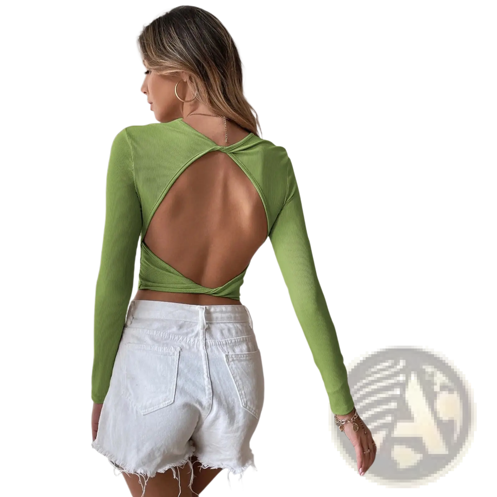 Green ribbed long-sleeve crop top with back cross-cut design shown from the back in a slim fit style
