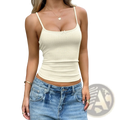 Cream-colored ribbed bow camisole crop top with fitted knit fabric and thin spaghetti straps at the neckline
