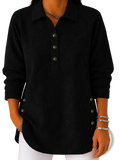 Black ribbed corduroy long-sleeve button-up sweatshirt with silver buttons and side pockets casual top