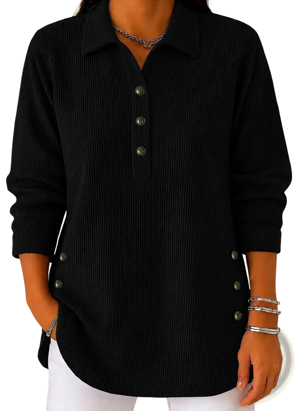 Black ribbed corduroy long-sleeve button-up sweatshirt with silver buttons and side pockets casual top