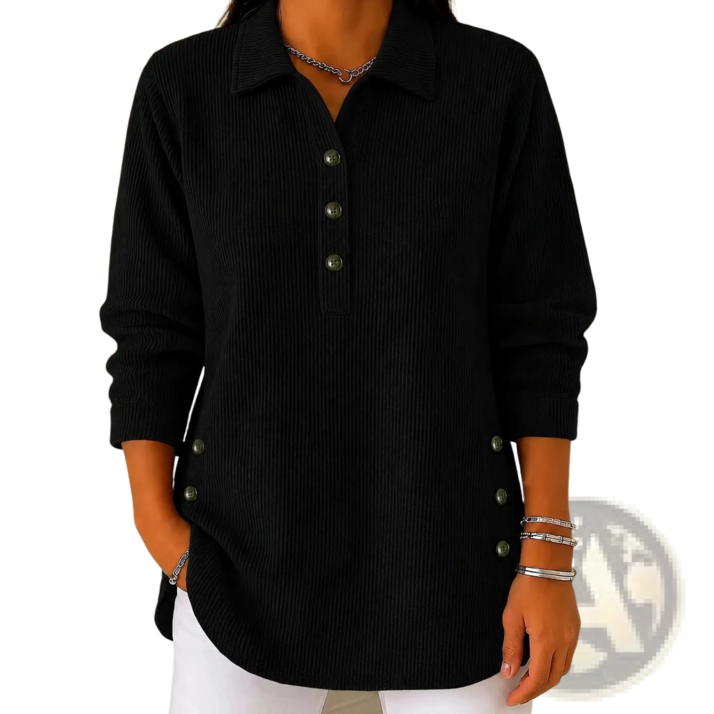 Black ribbed knit long-sleeve casual button-up sweatshirt with side buttons and collar for comfortable wear