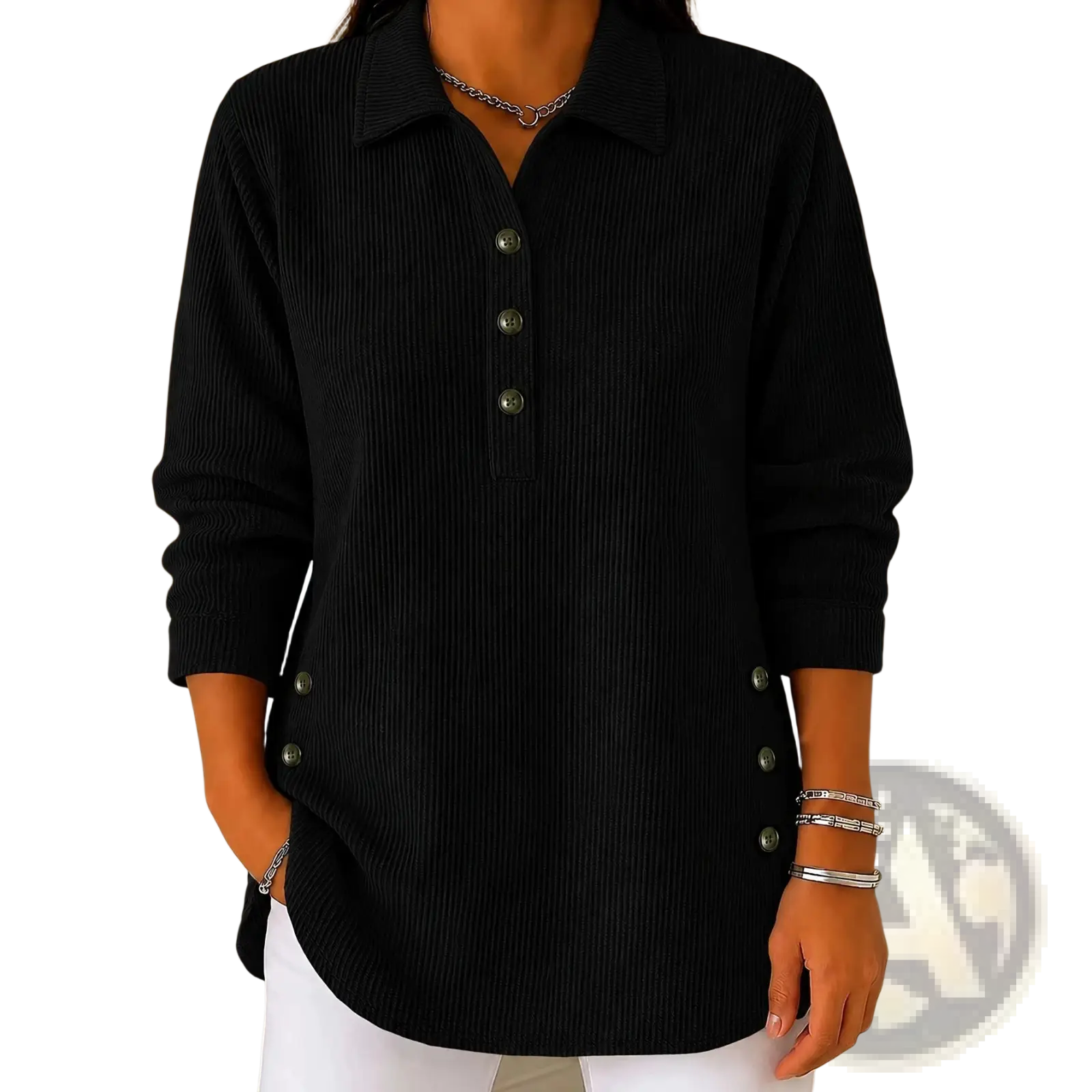 Black ribbed knit long-sleeve casual button-up sweatshirt with side buttons and collar for comfortable wear