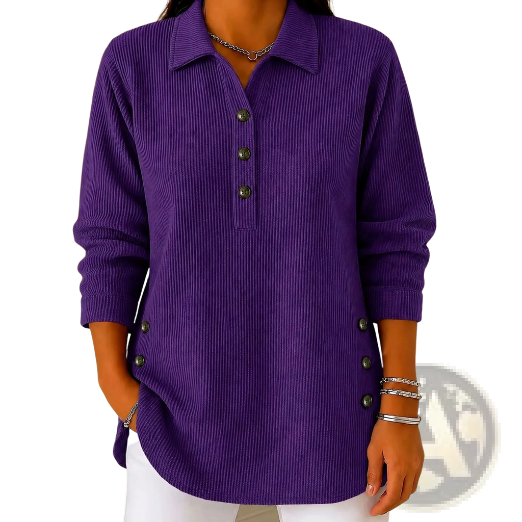 Purple ribbed corduroy button up sweatshirt long sleeve casual top with collar and button-down front
