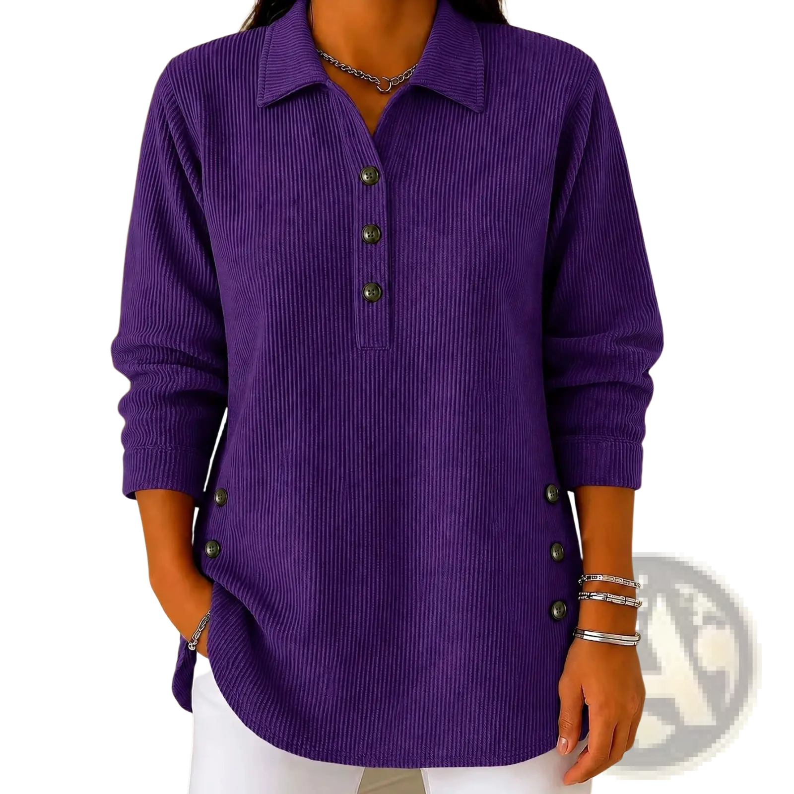 Purple ribbed corduroy button up sweatshirt long sleeve casual top with collar and button-down front