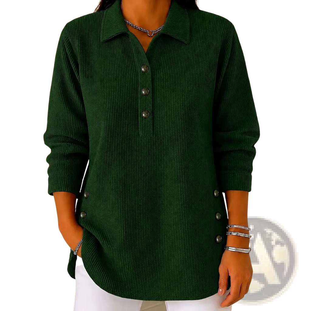 Dark green corduroy ribbed button up sweatshirt long sleeve casual top with button details