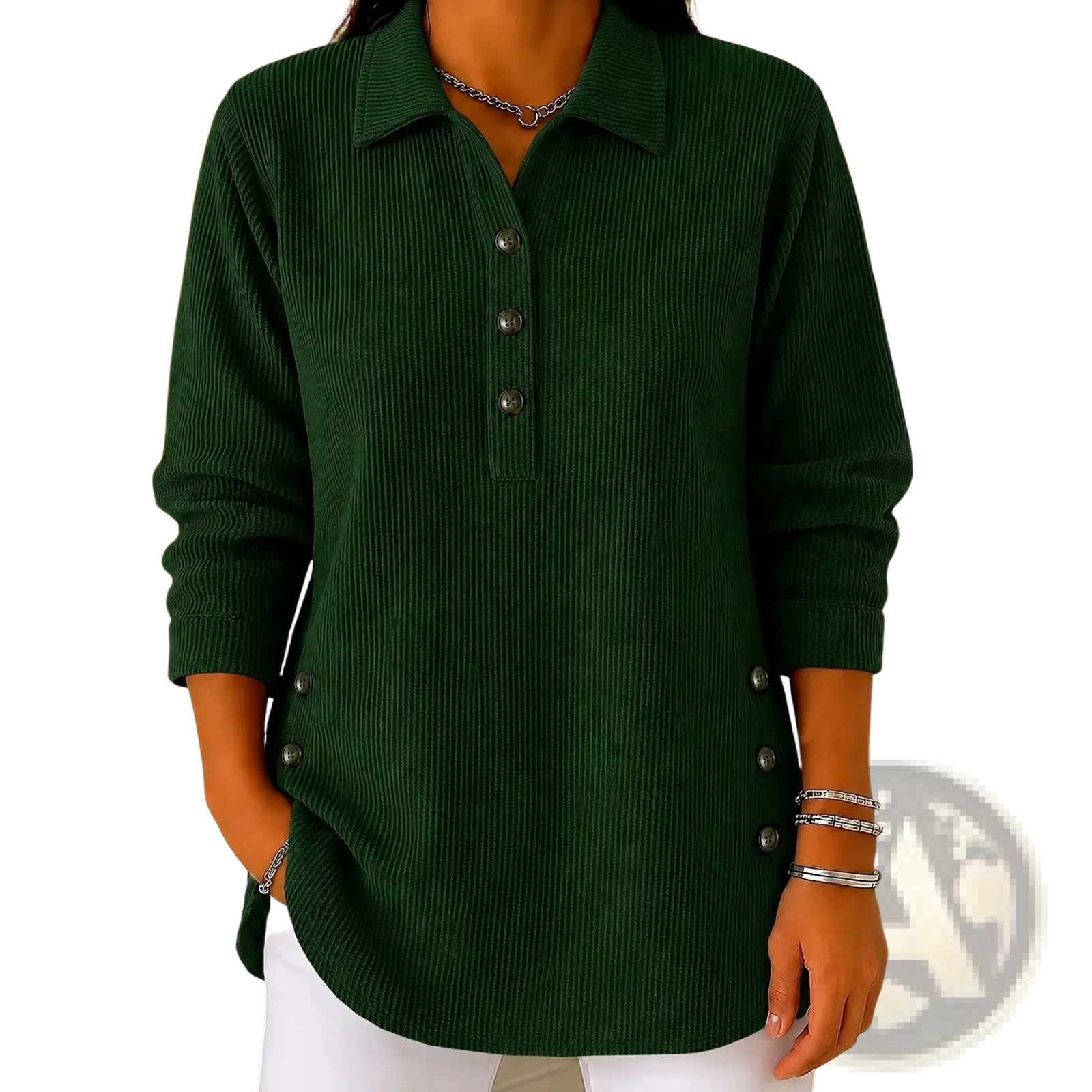 Dark green corduroy ribbed button up sweatshirt long sleeve casual top with button details