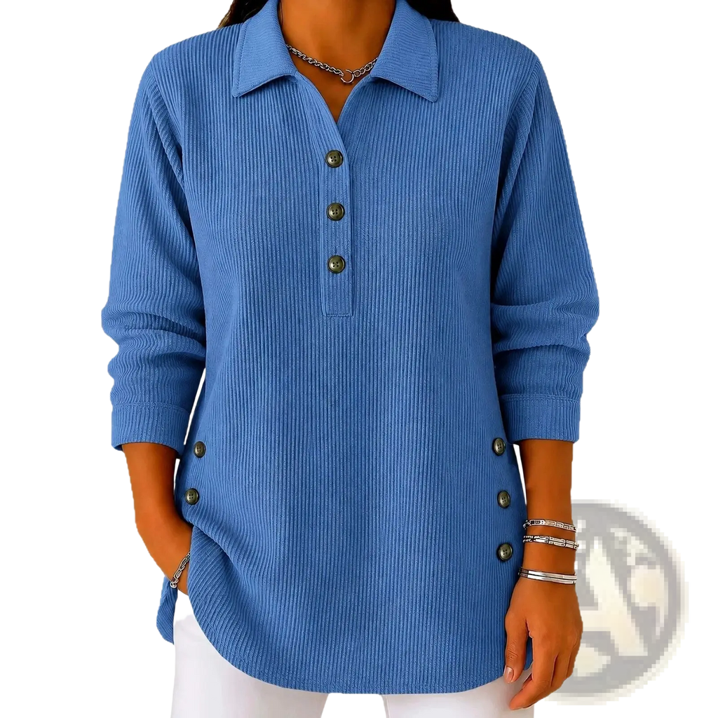 Blue ribbed knit long sleeve polo shirt with button closures casual top for everyday wear