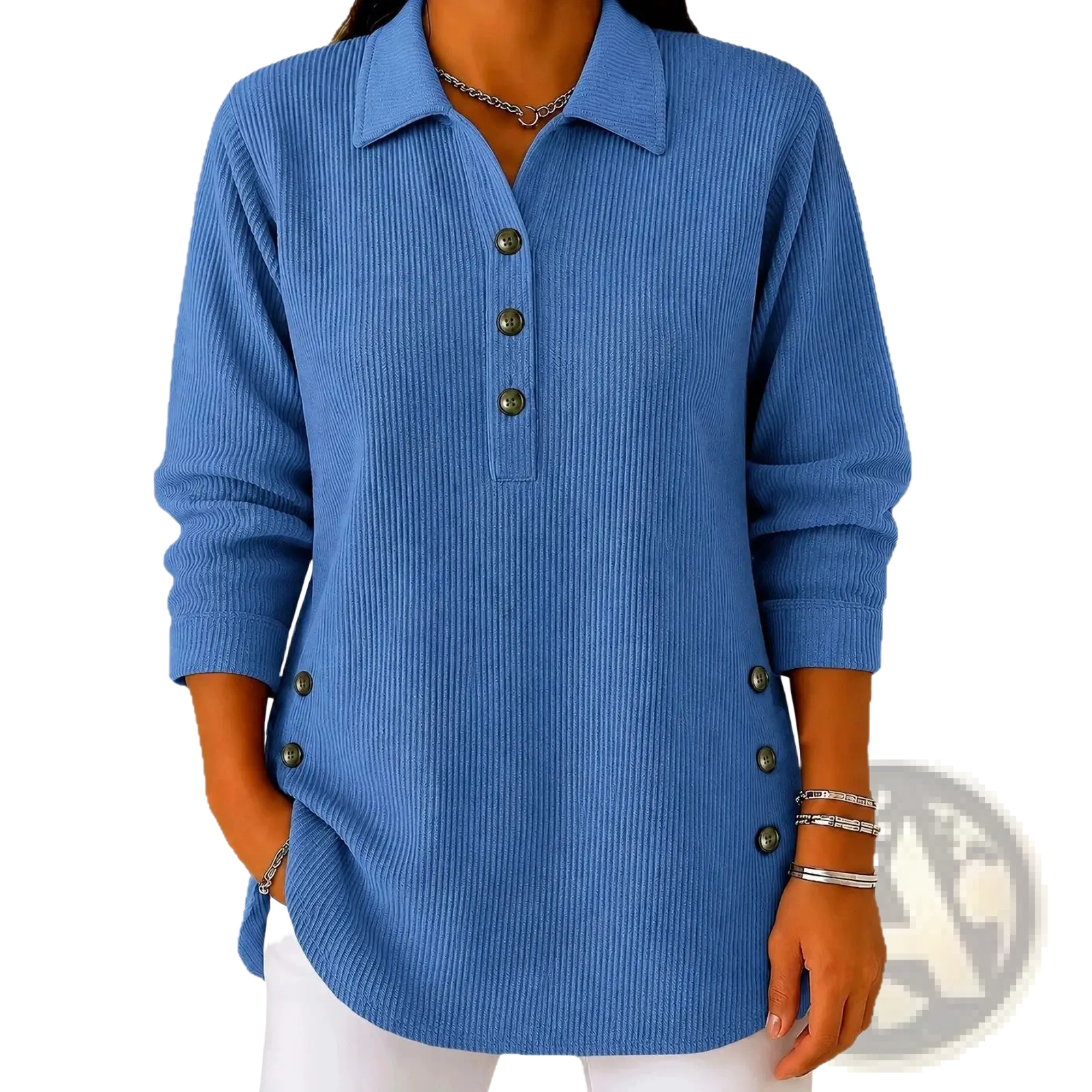 Blue ribbed knit long sleeve polo shirt with button closures casual top for everyday wear