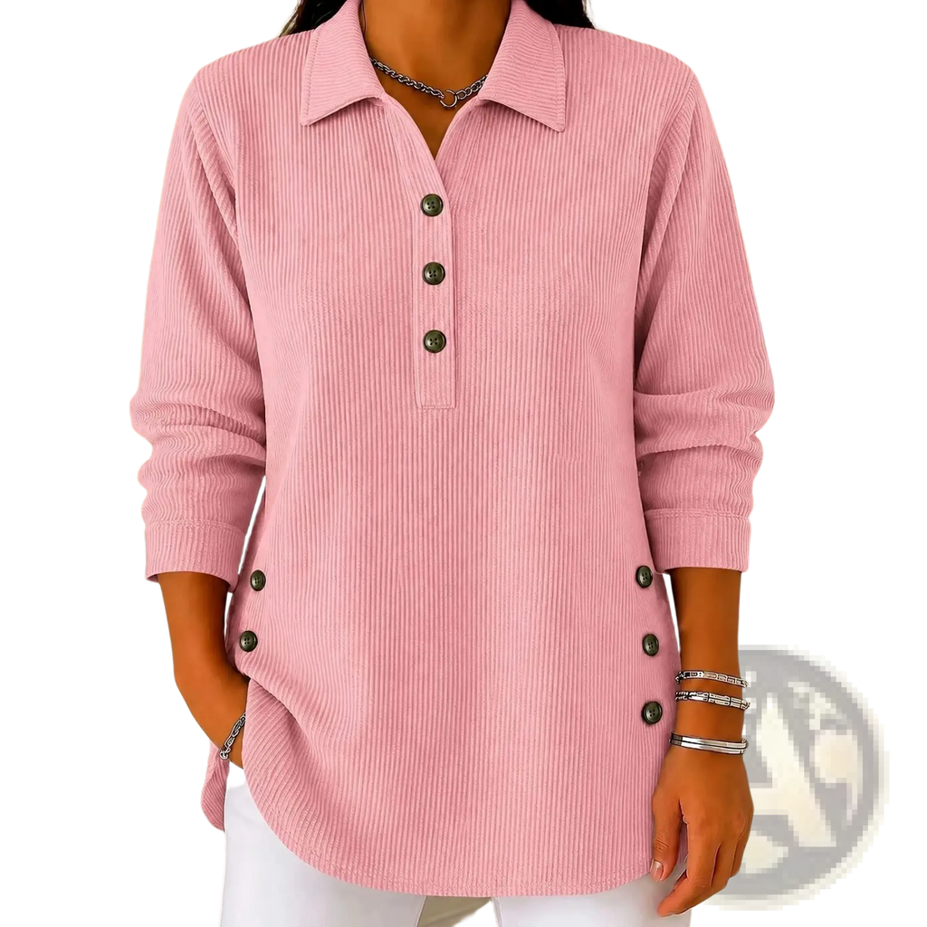 Pink corduroy ribbed button up long sleeve sweatshirt with collar and dark buttons for casual wear