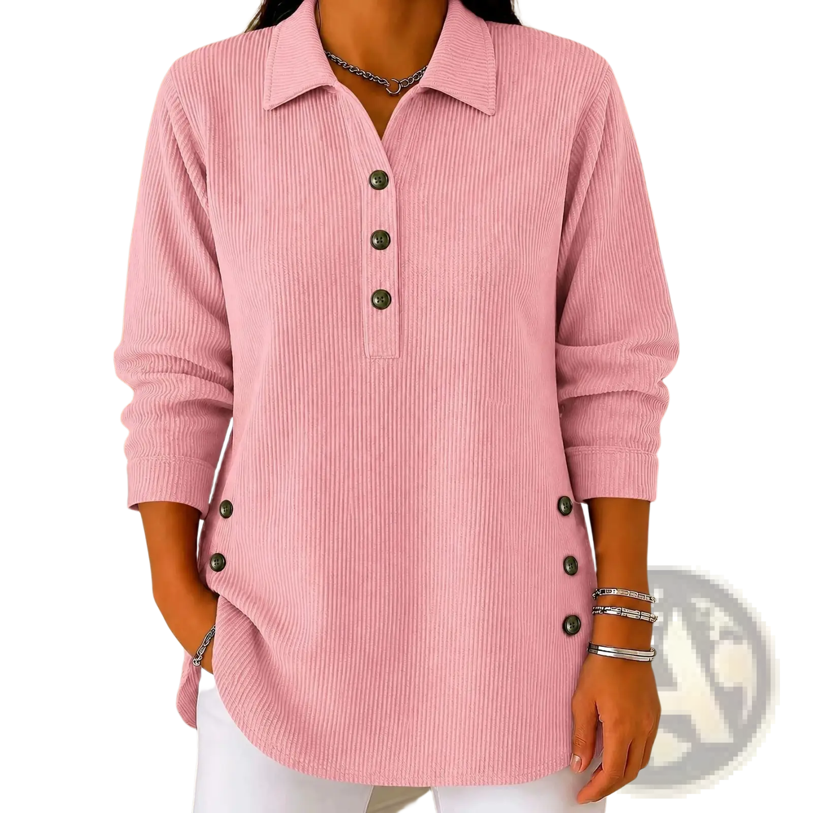 Pink corduroy ribbed button up long sleeve sweatshirt with collar and dark buttons for casual wear