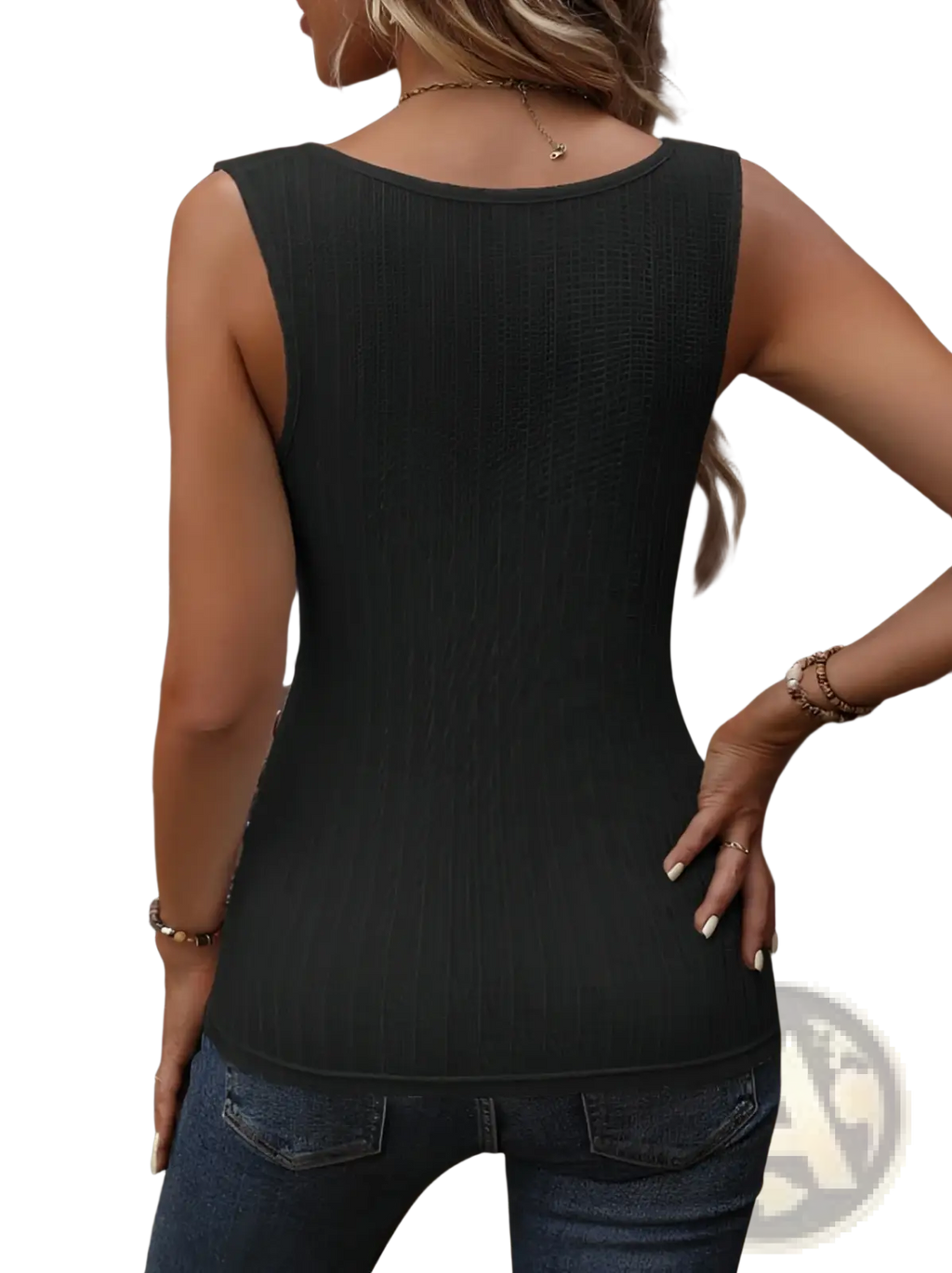 Black ribbed knit sleeveless button v-neck tank top featuring a textured design for casual wear