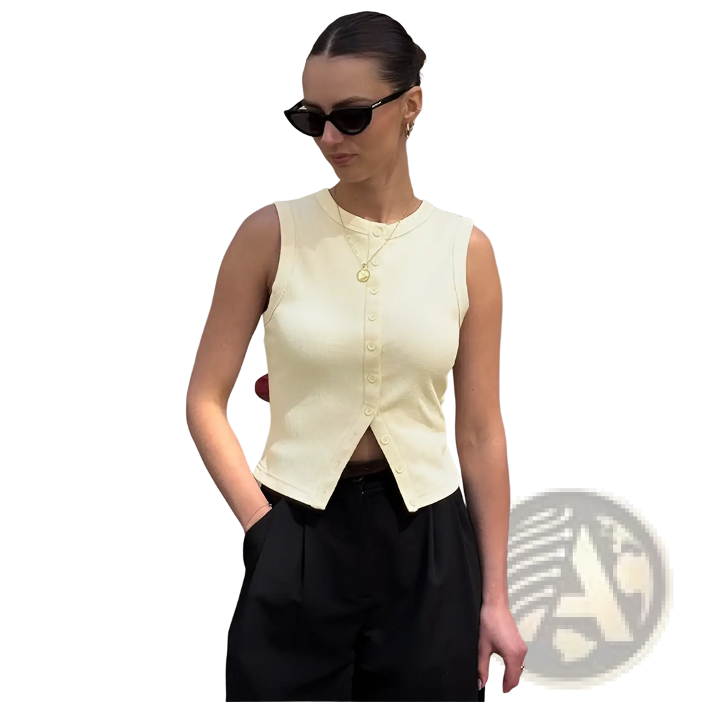A cream-colored ribbed sleeveless vest top with a button-front design made from soft knit fabric