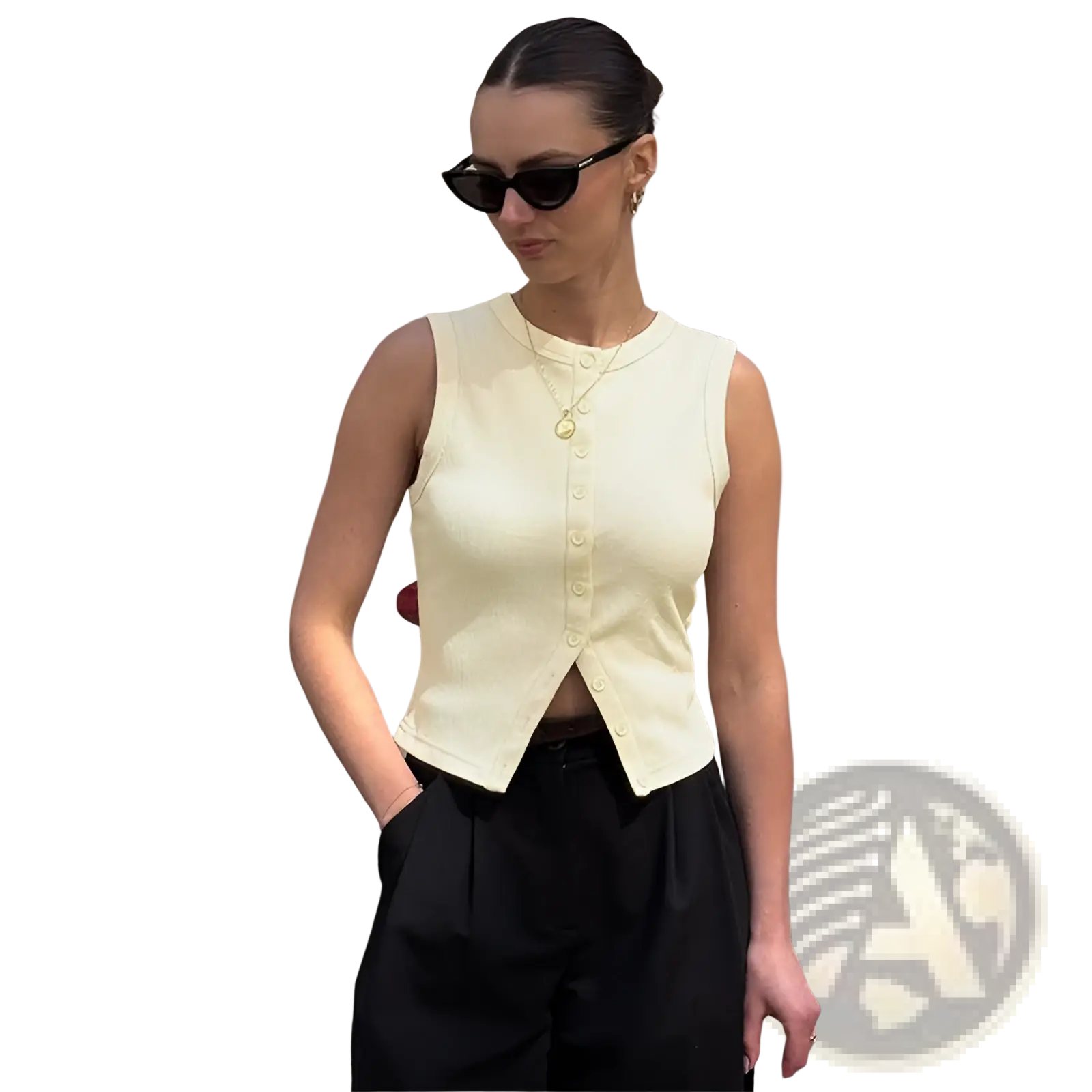 A cream-colored ribbed sleeveless vest top with a button-front design made from soft knit fabric