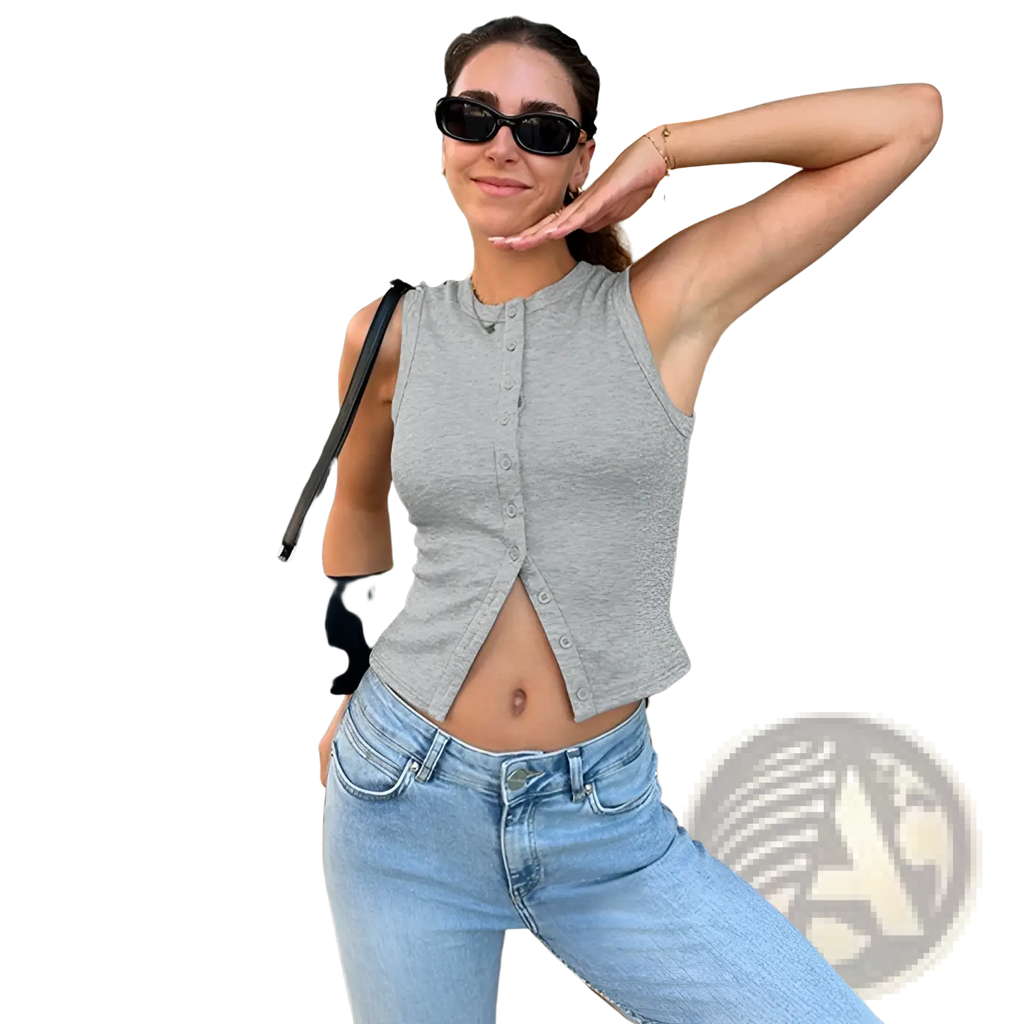 Gray ribbed button vest top with sleeveless design front slit and cropped hem for casual wear