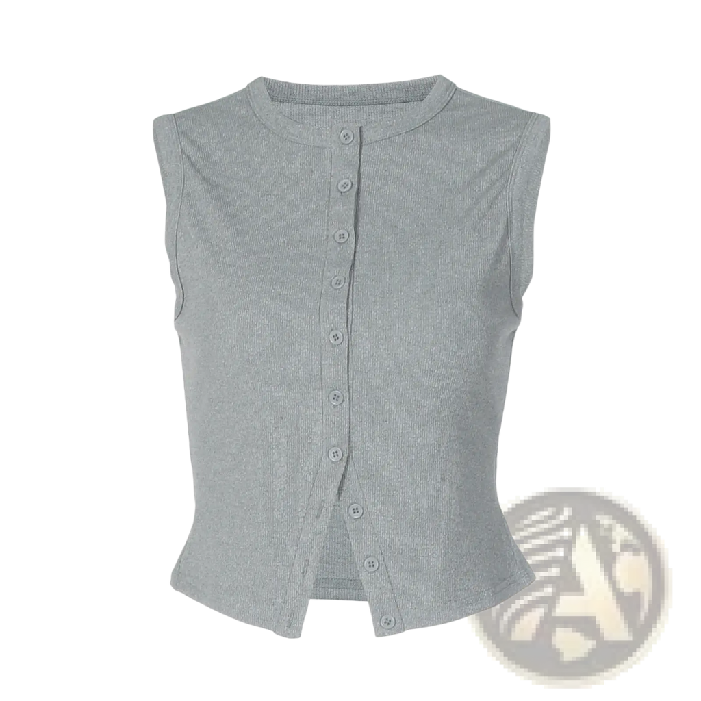 A sleeveless ribbed gray cropped vest top with round neckline and front button closure for casual wear