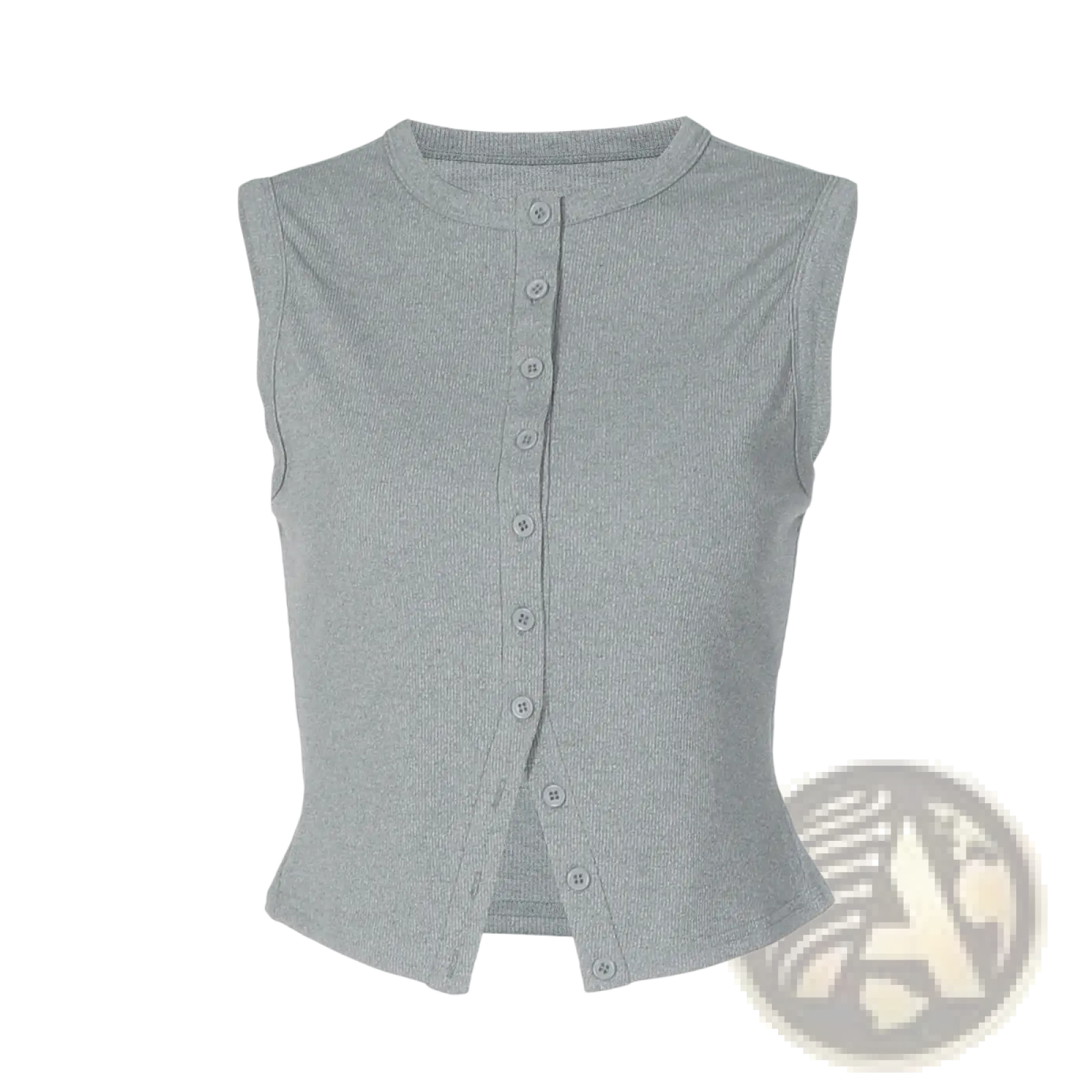 A sleeveless ribbed gray cropped vest top with round neckline and front button closure for casual wear