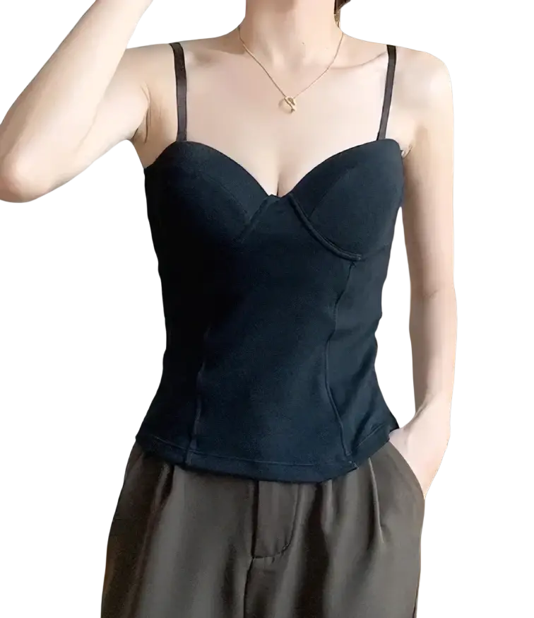 Black satin ribbed corset tank top women with strap bustier and fitted structured silhouette for summer crop wear
