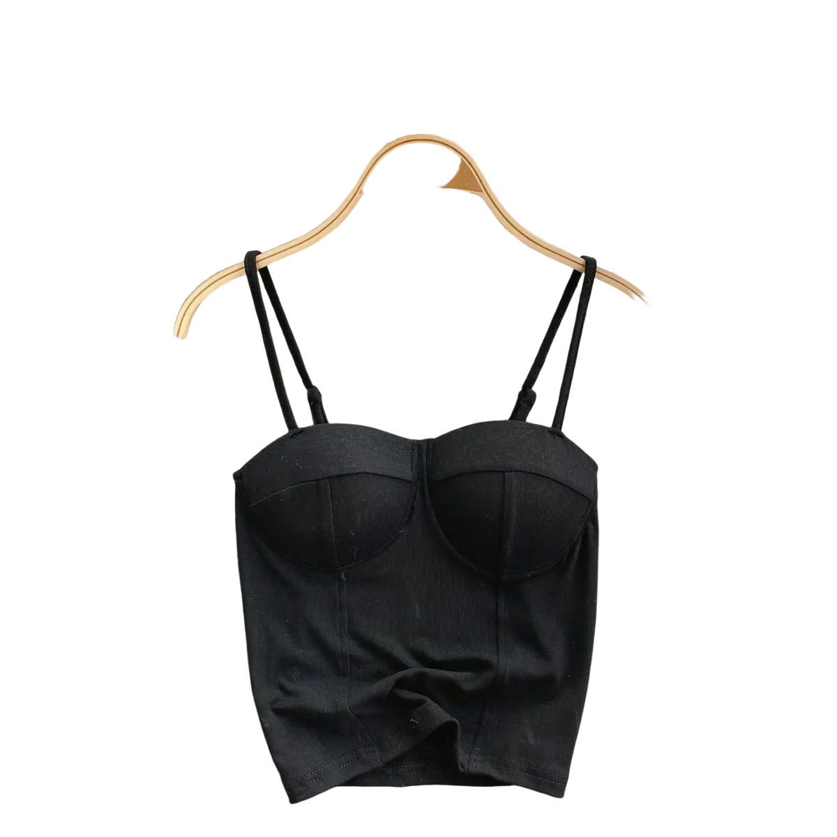 Black strapless ribbed corset tank top with structured bustier design and thin shoulder straps for summer wear