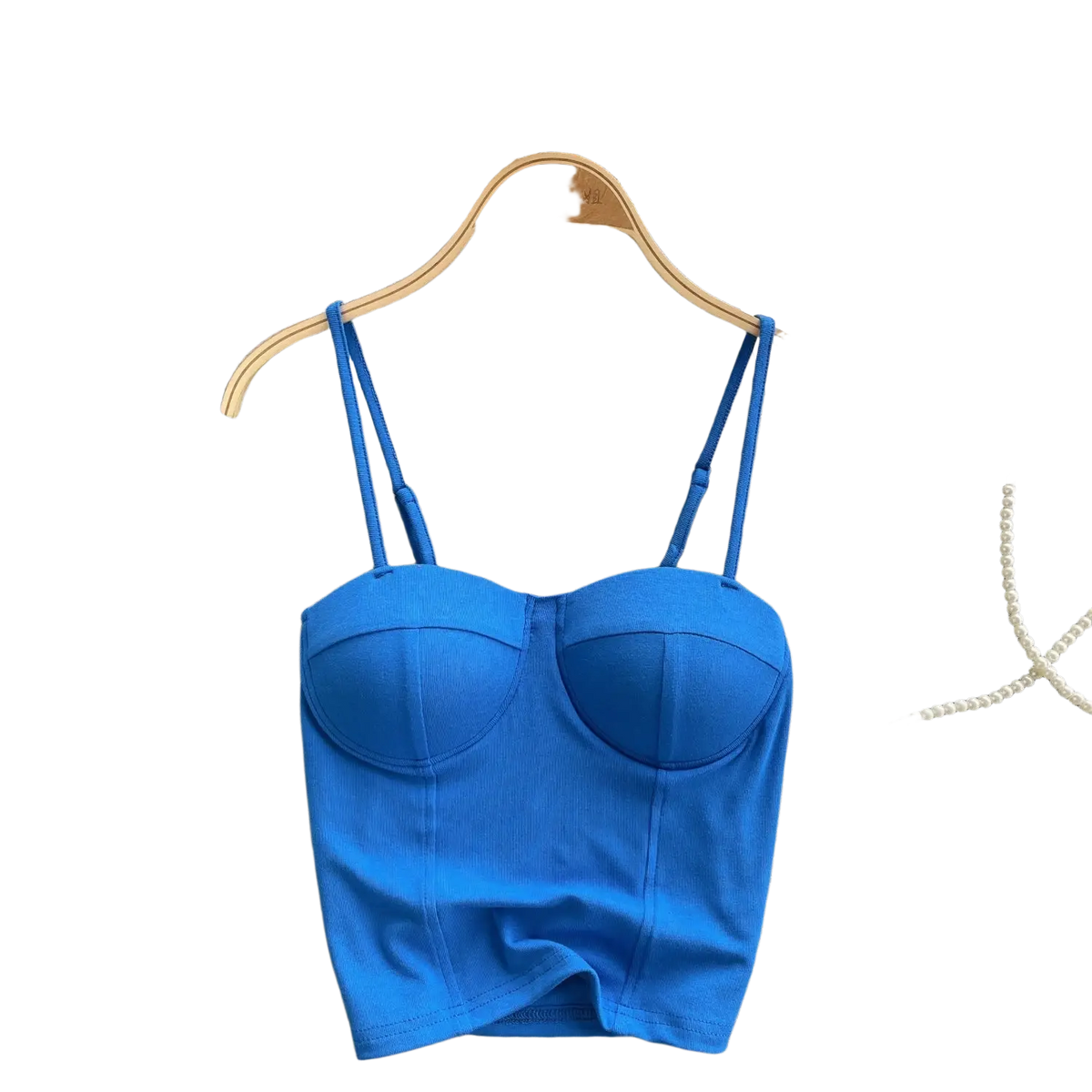 Bright blue ribbed corset tank top for women with thin straps and structured bustier design for summer wear