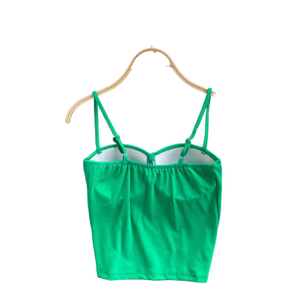 Bright green ribbed corset tank top with thin straps and white inner lining for women summer crop style