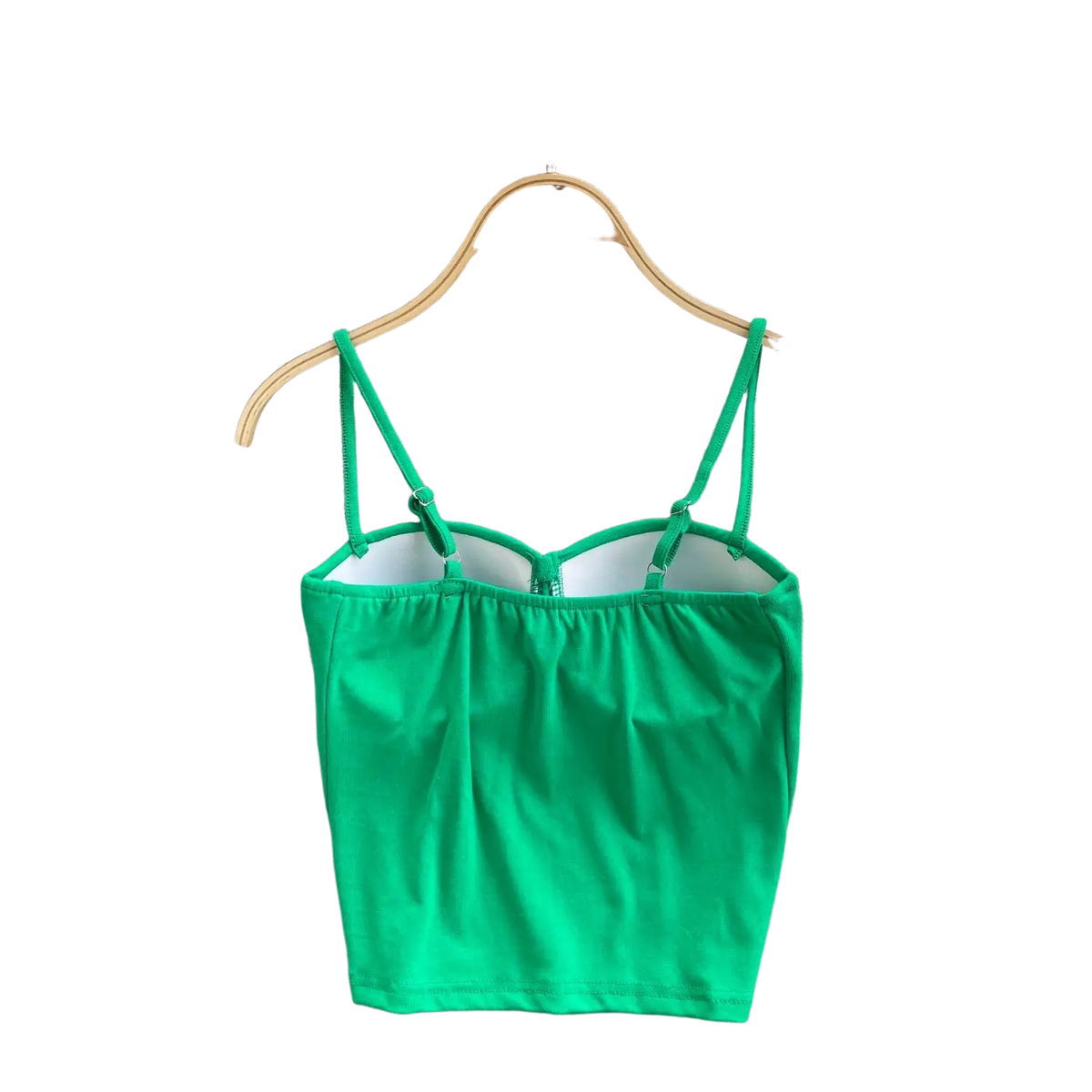 Bright green ribbed corset tank top with thin straps and white inner lining for women summer crop style