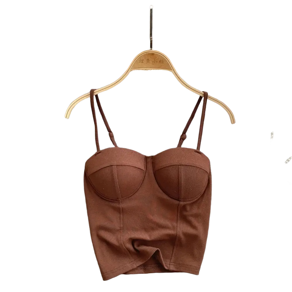 Brown ribbed corset tank top with thin straps featuring a structured fitted design for sexy summer wear