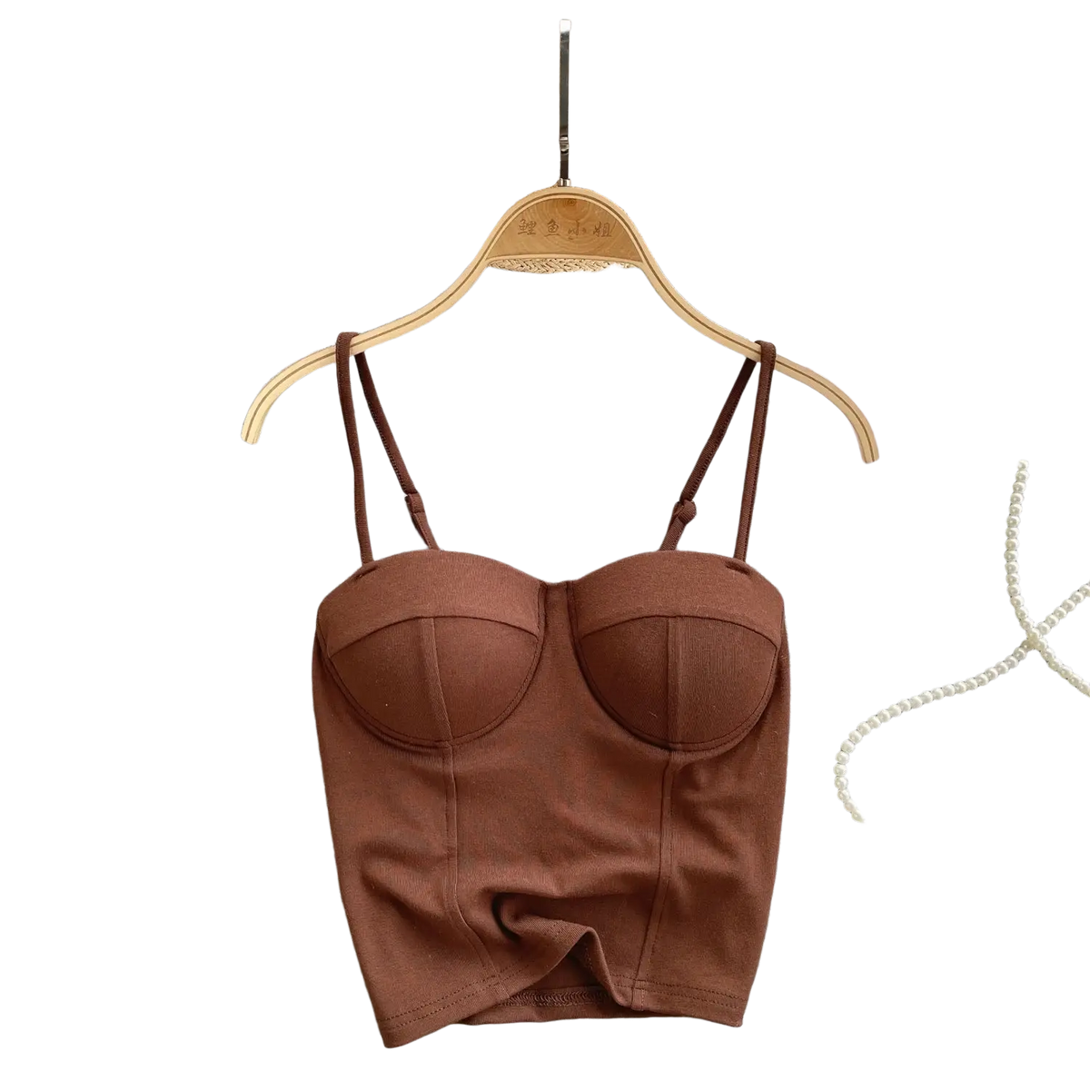 Brown ribbed corset tank top for women featuring thin straps and a padded bust design for sexy summer wear