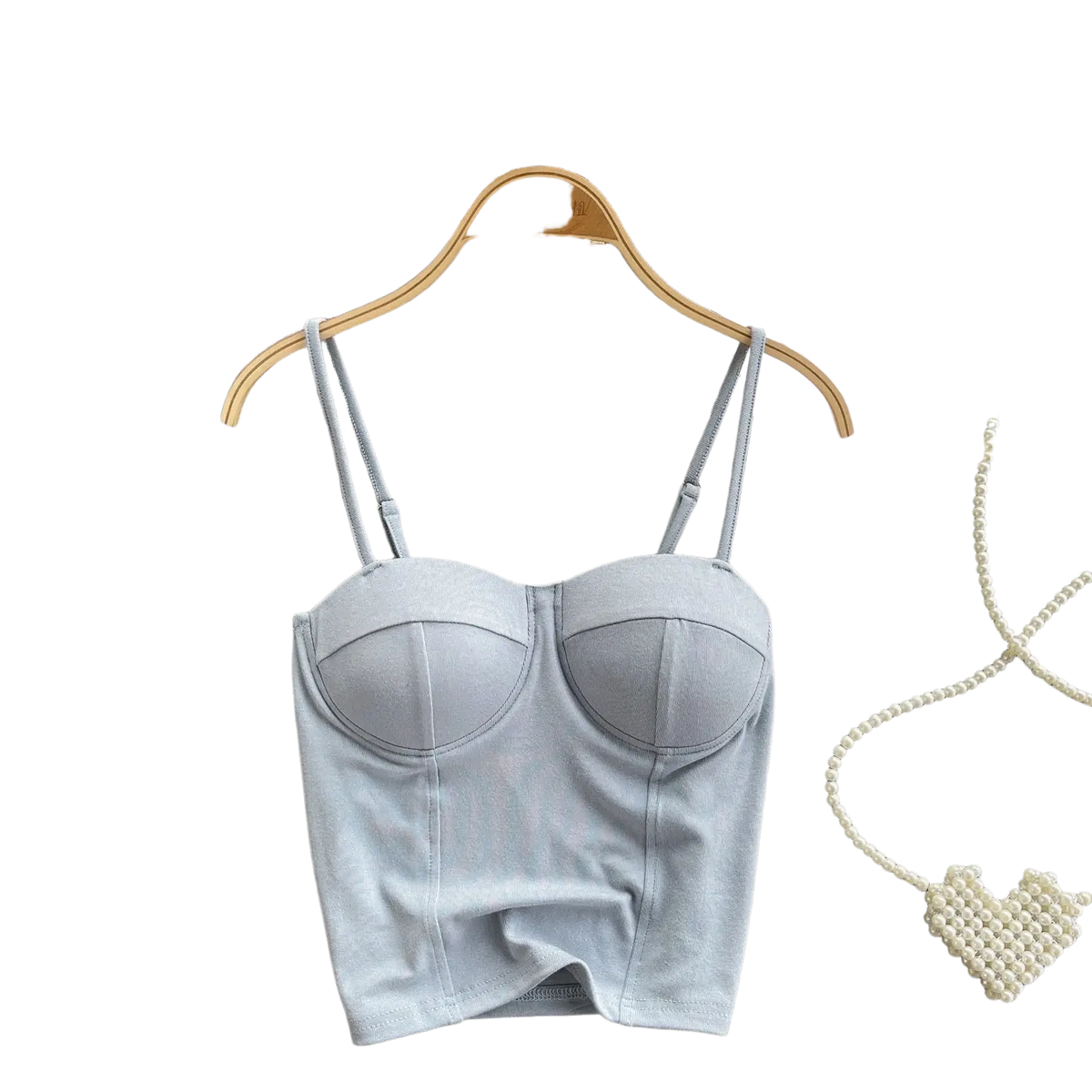 Light gray ribbed corset tank top for women with thin straps and structured form-fitting summer crop design