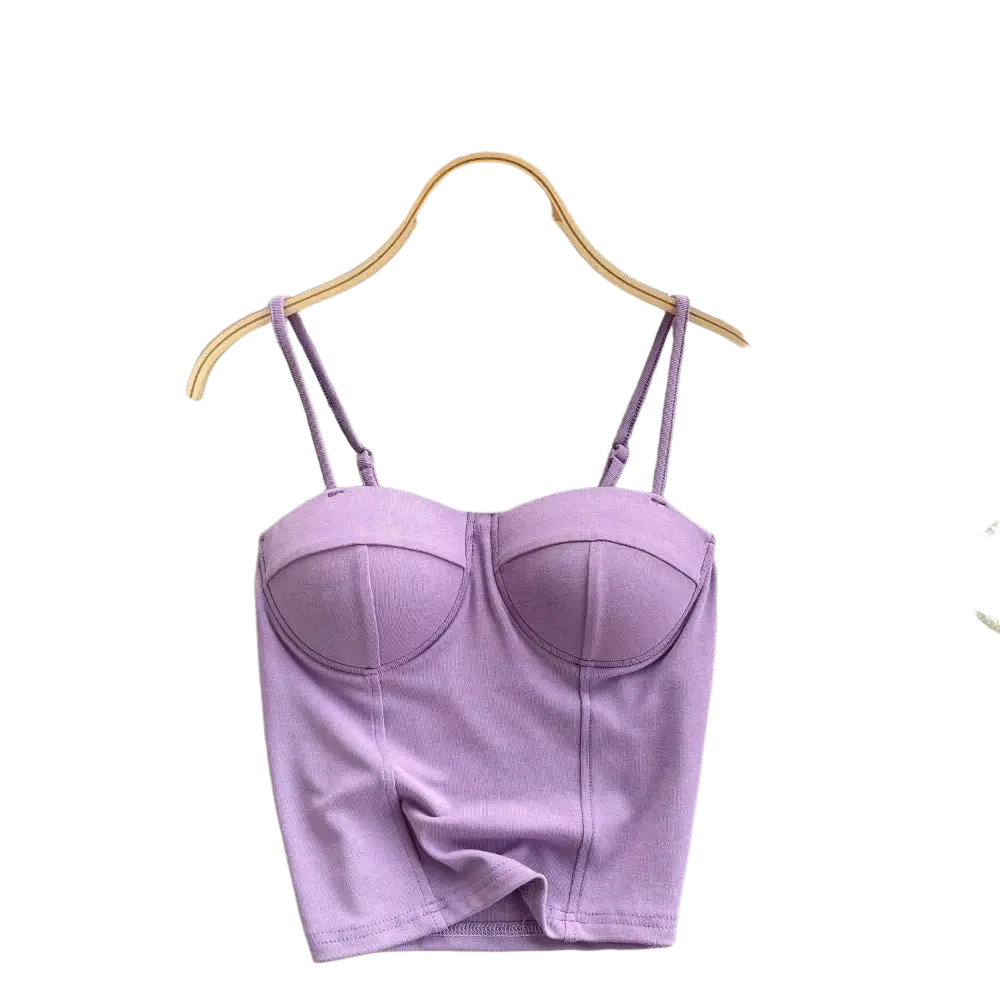 Purple ribbed fabric corset tank top with thin straps and structured sweetheart neckline for sexy summer wear