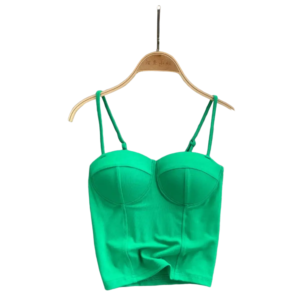 Vibrant green ribbed corset tank top women sexy summer crop with thin straps and structured form fitting design