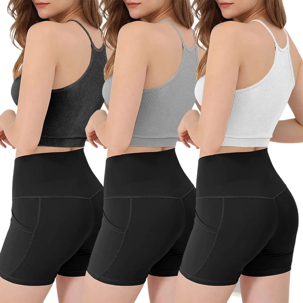 Three ribbed crop tank tops in black gray and white with thin straps paired with high-waisted black shorts with pockets