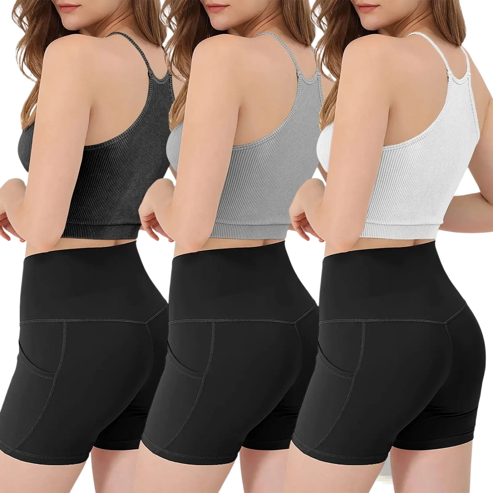 Three ribbed crop tank tops in black gray and white with thin straps paired with high-waisted black shorts with pockets