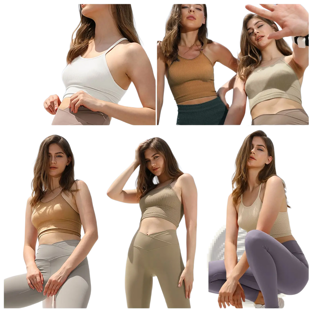A ribbed crop tank top 3 pack for women featuring beige tan and white ribbed fabric paired with matching high-waisted leggings