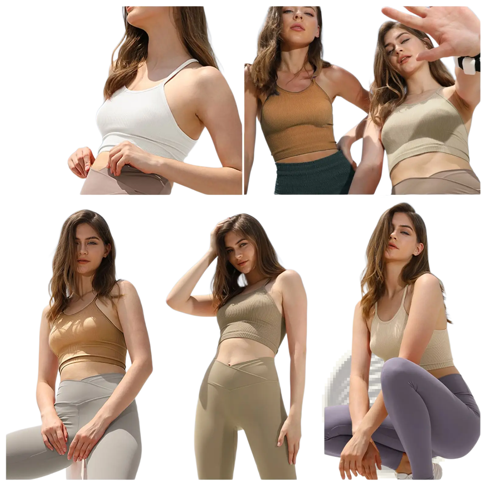 A ribbed crop tank top 3 pack for women featuring beige tan and white ribbed fabric paired with matching high-waisted leggings