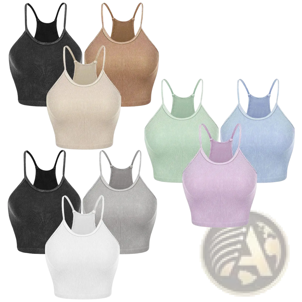 A collection of ribbed crop tank tops for women in black beige brown green blue purple gray and white solid colors