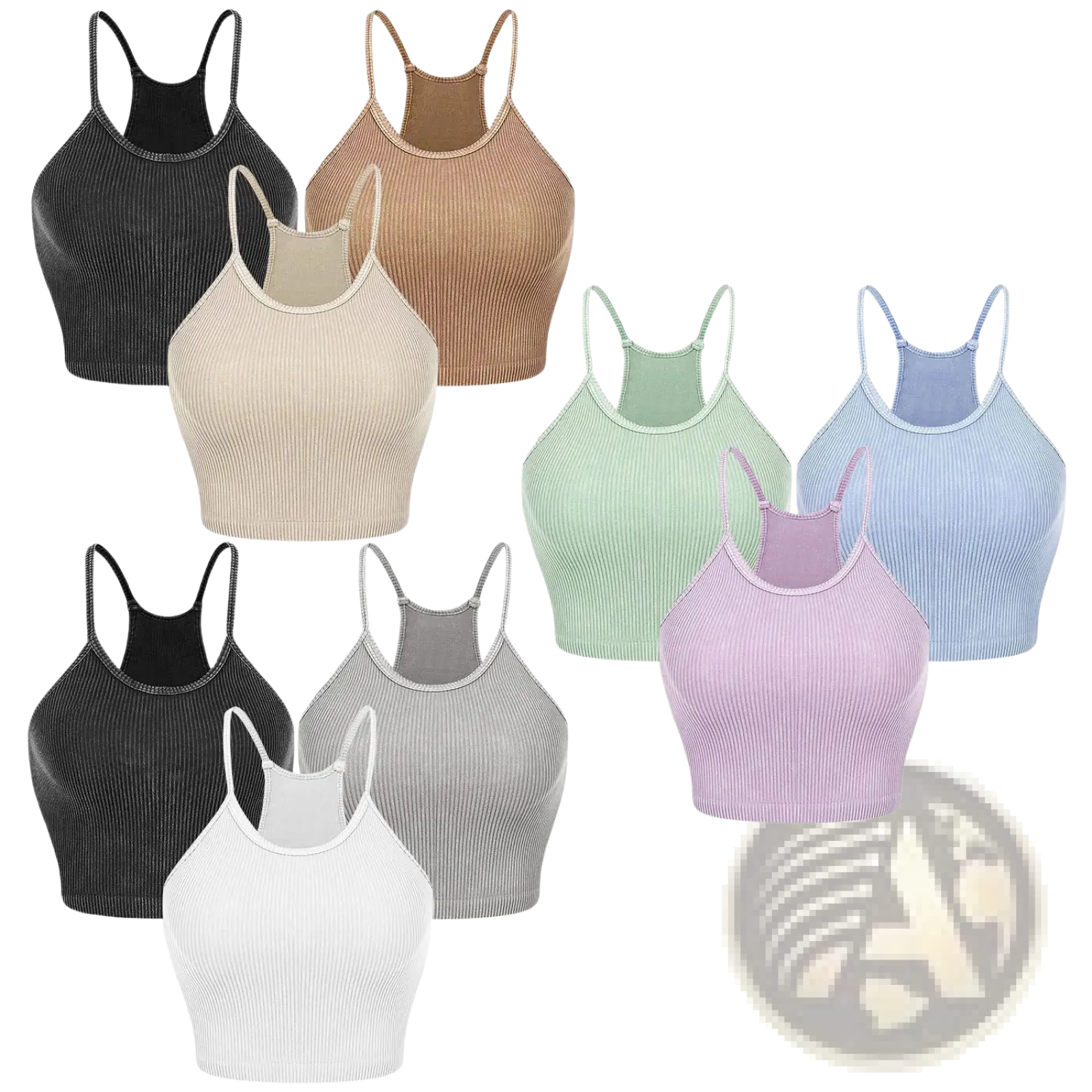 A collection of ribbed crop tank tops for women in black beige brown green blue purple gray and white solid colors