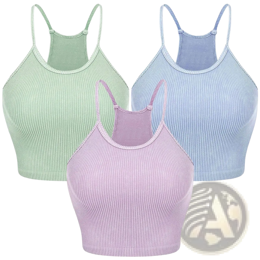 Set of three ribbed crop tank tops for women in pastel mint green light blue and lavender with thin adjustable straps