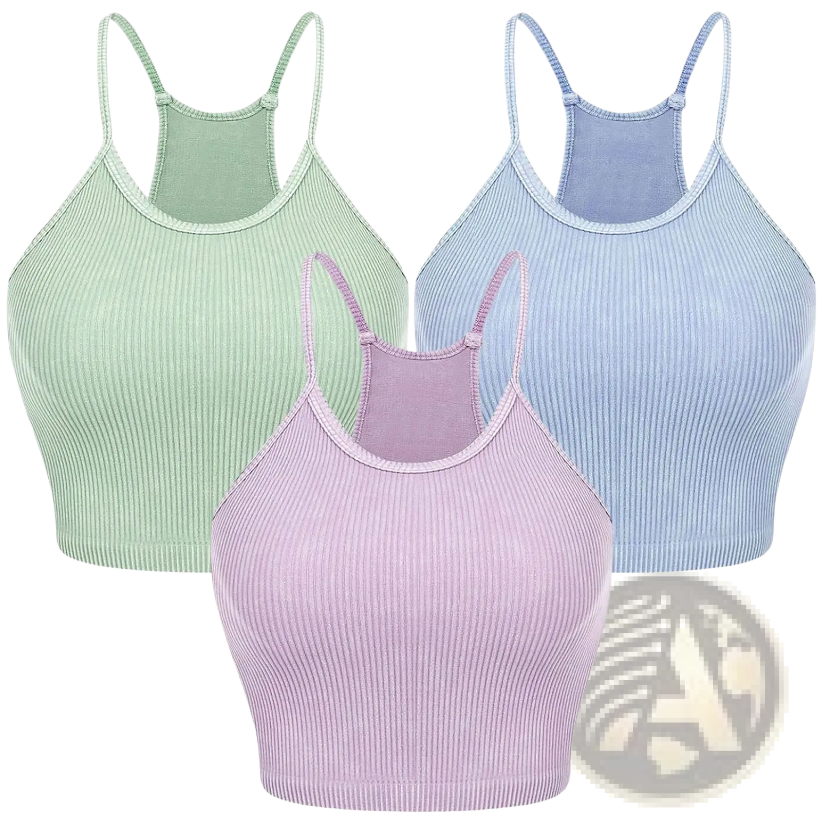 Set of three ribbed crop tank tops for women in pastel mint green light blue and lavender with thin adjustable straps