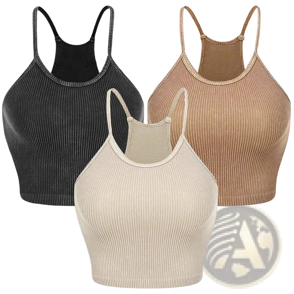 Three ribbed crop tank tops for women in black beige and tan with thin straps made of soft fabric
