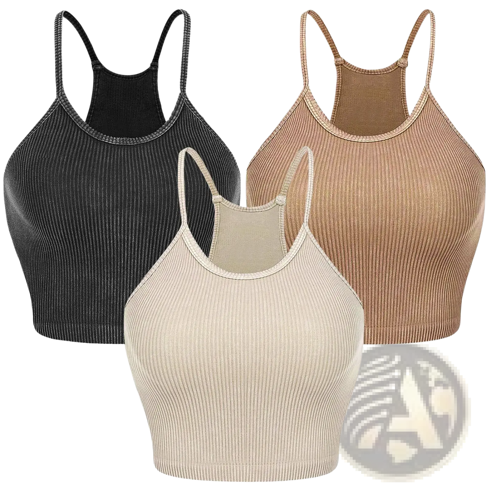 Three ribbed crop tank tops for women in black beige and tan with thin straps made of soft fabric