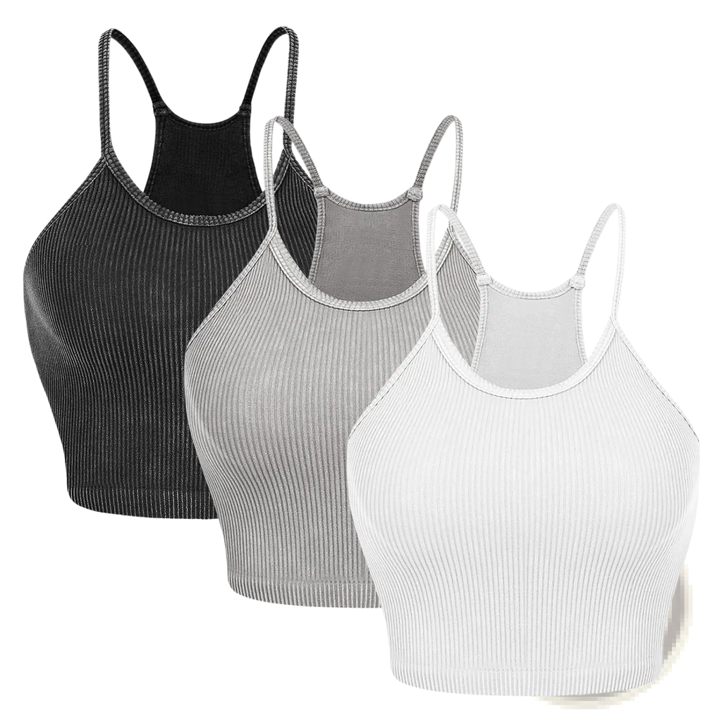 Three ribbed crop tank tops for women in black gray and white with thin straps made of soft fabric